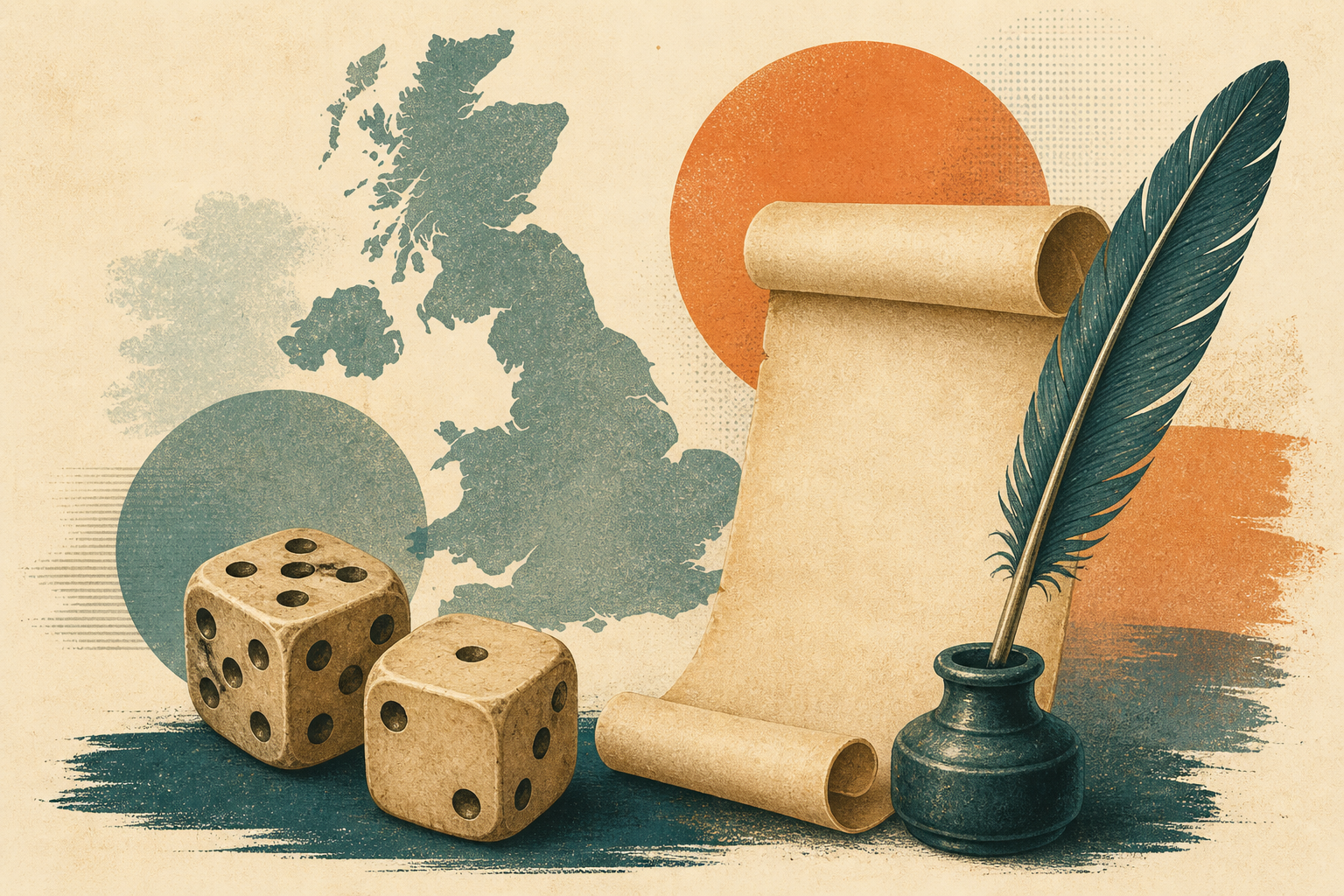 Historic dice and parchment illustration