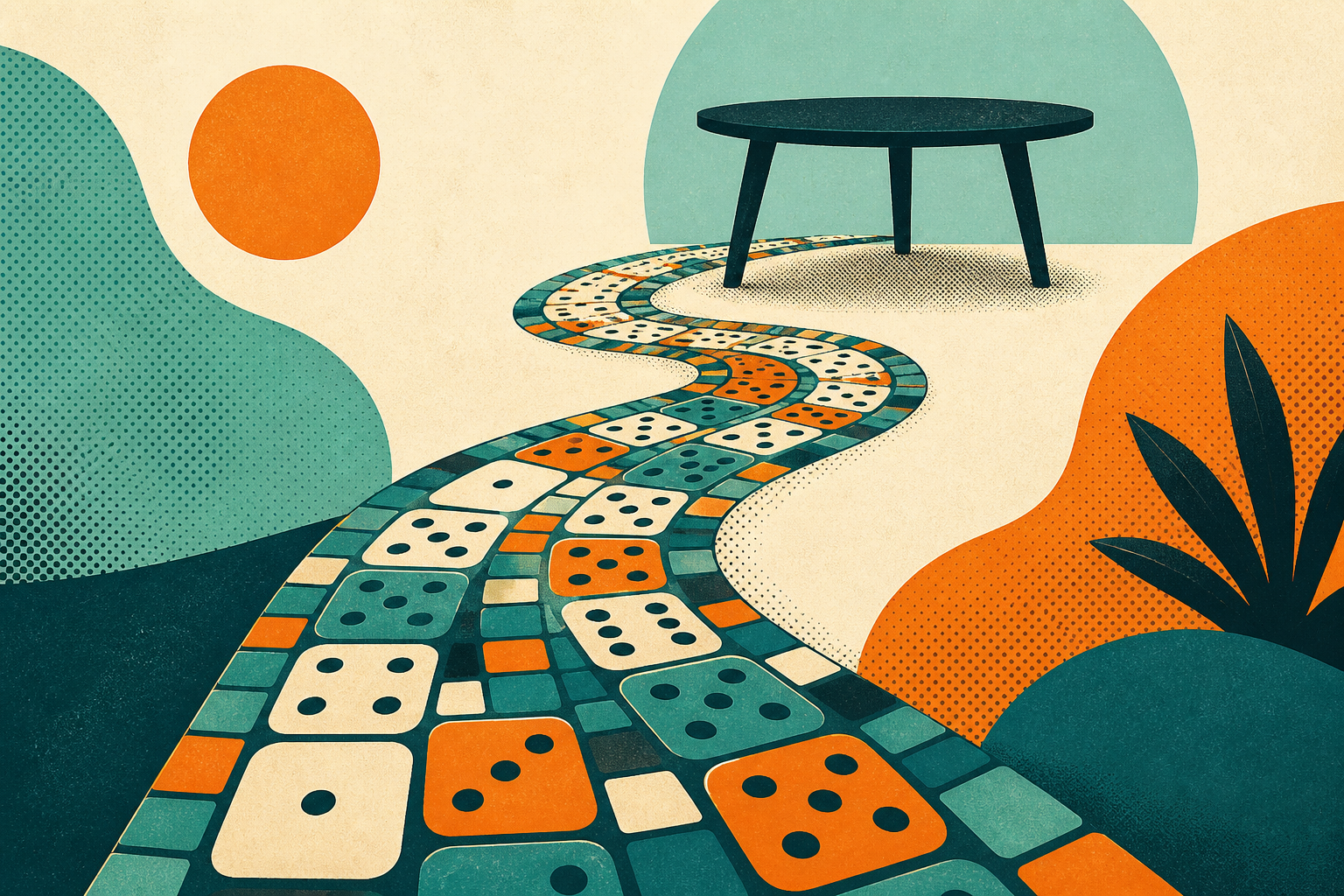 Stylised trail of tiles leading to a table silhouette